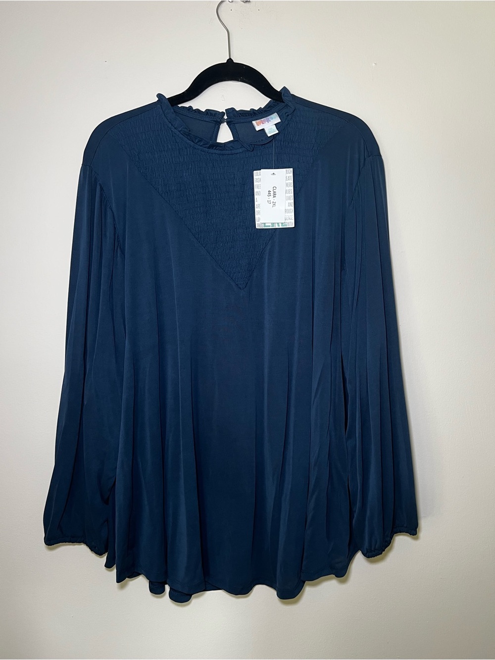 LuLaRoe Clara Navy Long-Sleeve Smocked Blouse